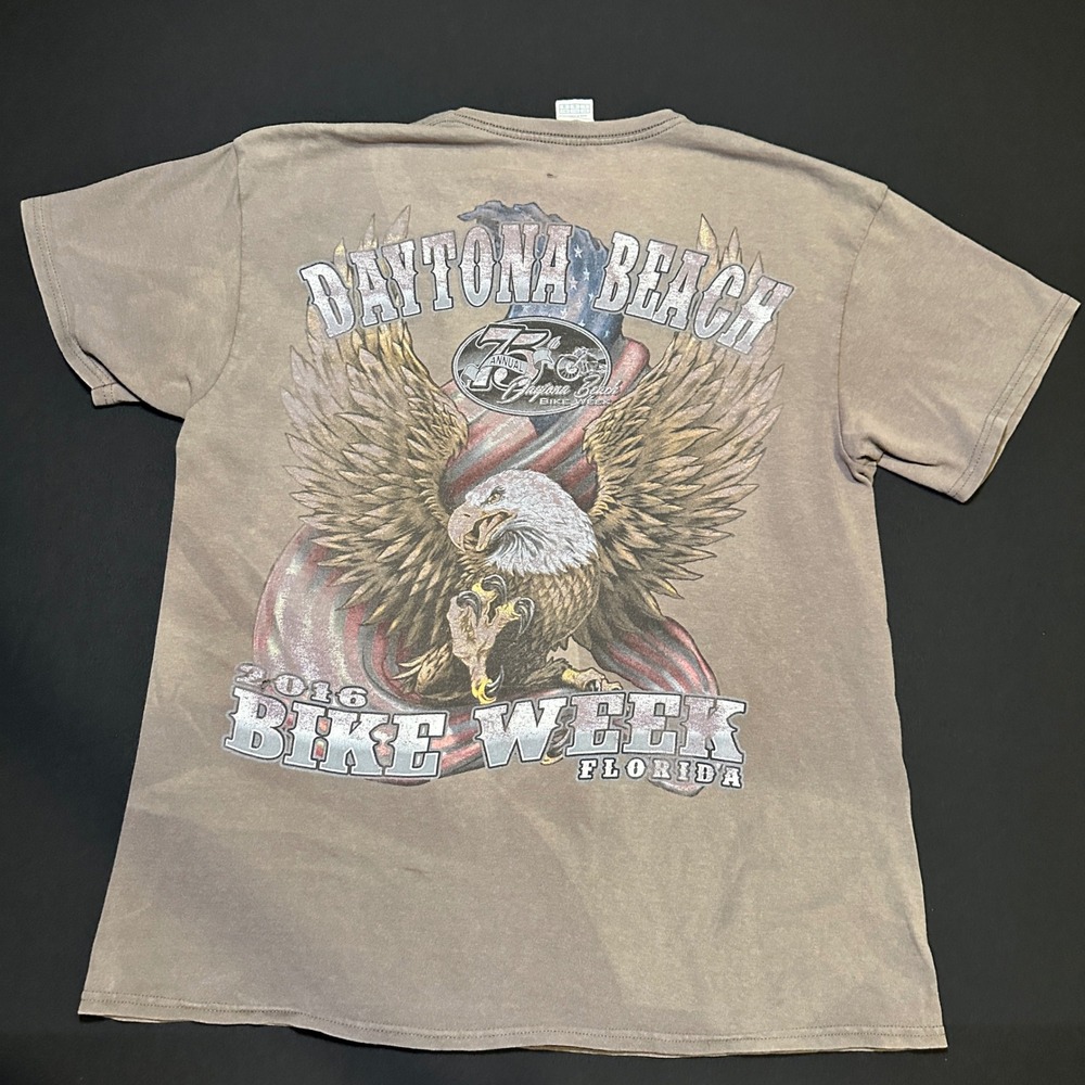 Daytona Beach Bike Week 2016 T Shirt Mens Large Brown Cotton Eagle Graphic Biker